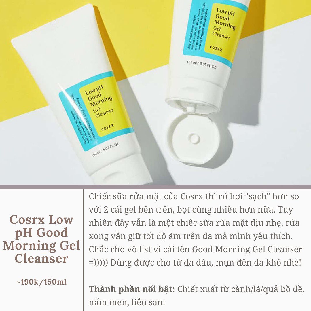 Cô nàng gợi ý 5 sữa rửa mặt dịu nhẹ để hội skincare 'tạm biệt' da khô buổi sáng. Trong bài viết, có nêu ra lý do tại sao sữa rửa mặt dạng gel là lựa chọn hàng đầu cho quy trình dưỡng da vào buổi sáng, cùng với sản phẩm Cosrx Low pH Good Morning Gel Cleanser.