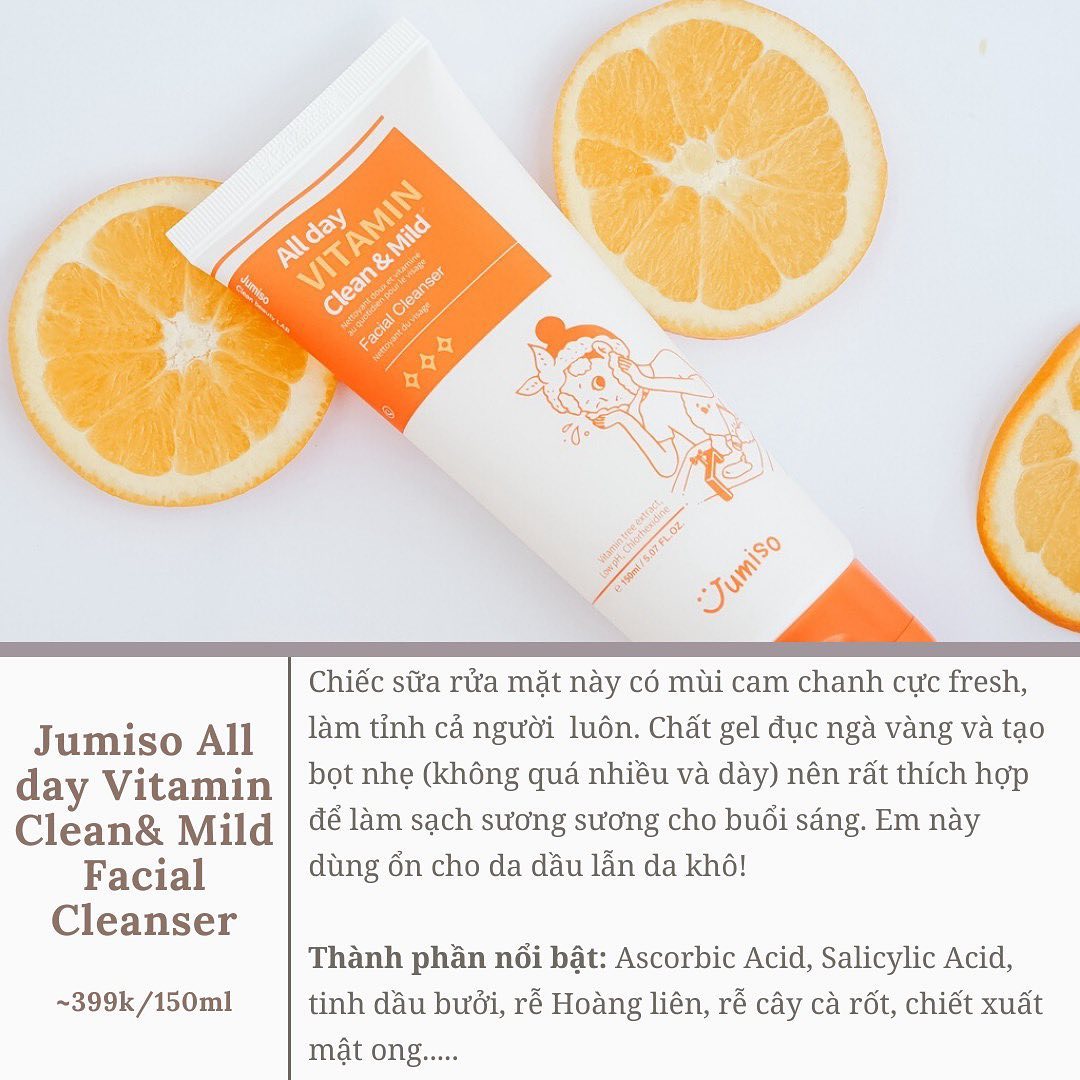 Cô nàng gợi ý 5 sữa rửa mặt dịu nhẹ giúp hội skincare tạm biệt da khô buổi sáng. Sữa rửa mặt Jumiso All day Vitamin Clean & Mild với mùi cam chanh làm sạch hiệu quả, không gây khô da, phù hợp cho quy trình dưỡng da buổi sáng.