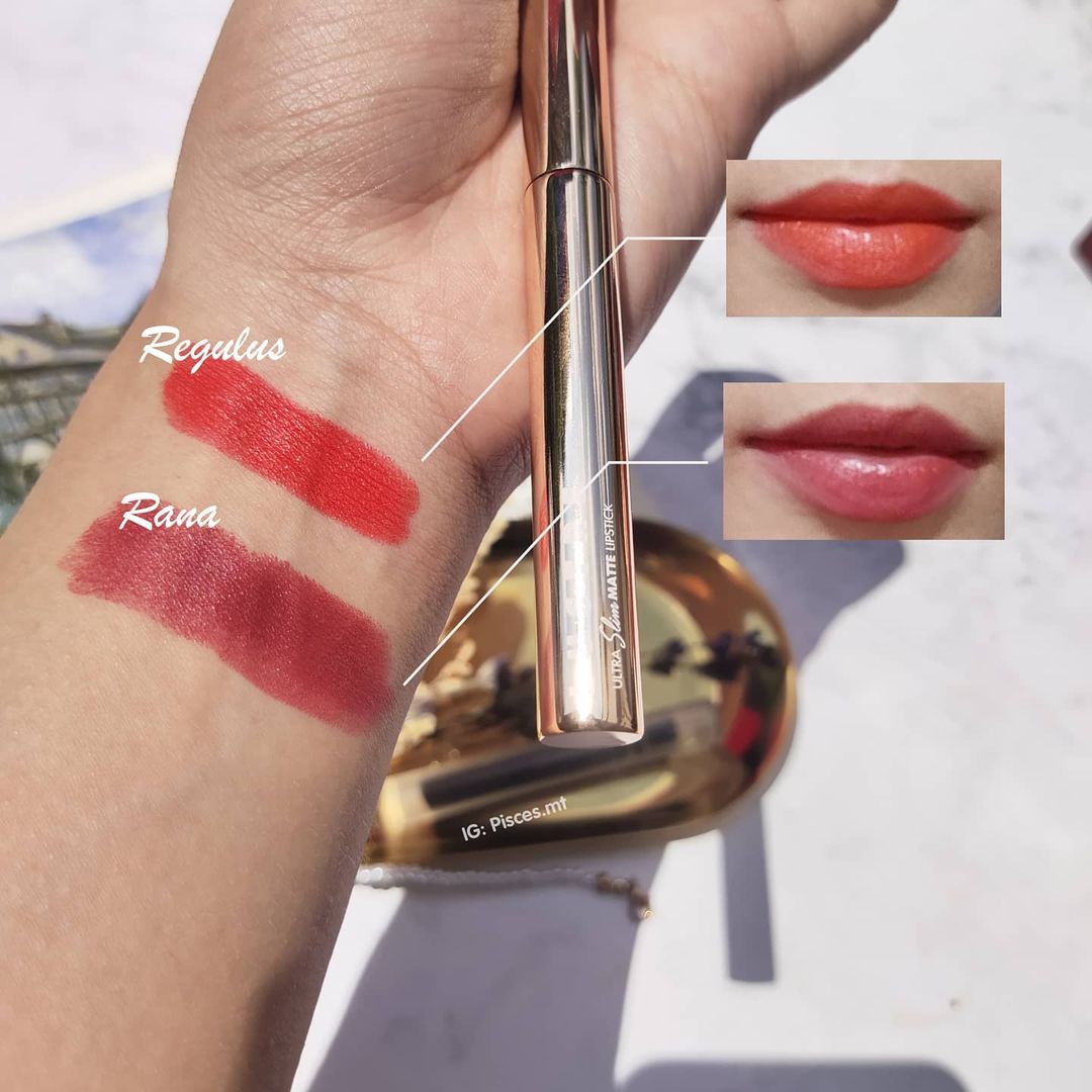 Son Lustre Ultra Slim Matte Lipstick với hai màu Regulus và Rana trên tay, review son dành cho môi khô, phù hợp với những bạn yêu thích trang điểm nhẹ nhàng, được phân phối độc quyền tại Lixibox.