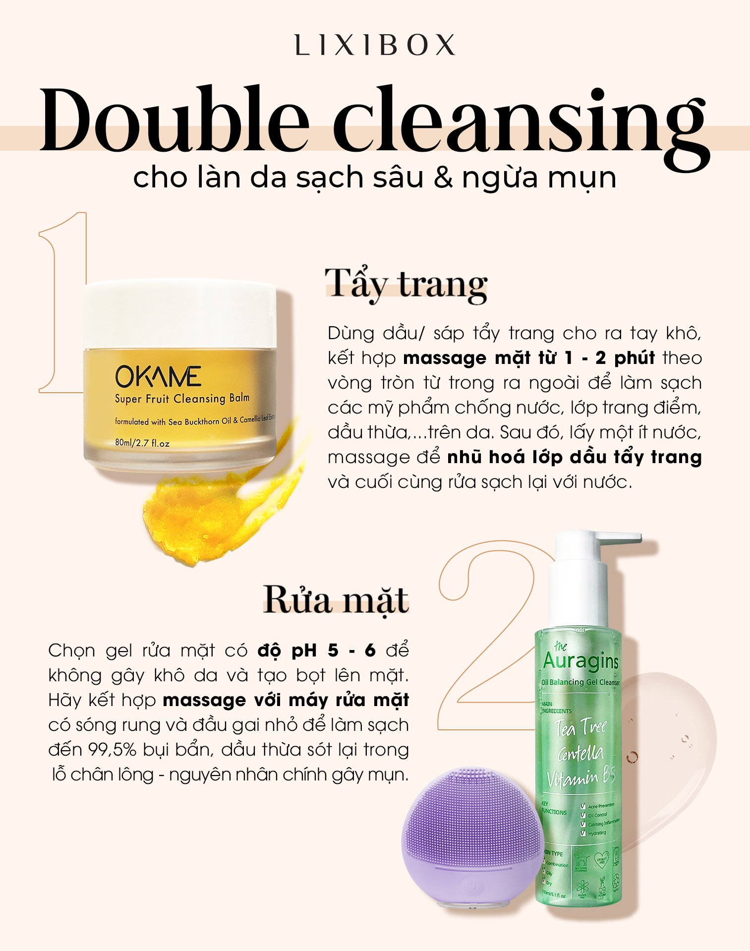 Bài viết về Double Cleansing, phương pháp làm sạch da giúp ngừa mụn hiệu quả. Hướng dẫn cách dùng sáp tẩy trang OKAME và sữa rửa mặt The Auragins để đạt hiệu quả tối ưu, tránh việc nổi mụn do sai lầm trong quy trình chăm sóc da.