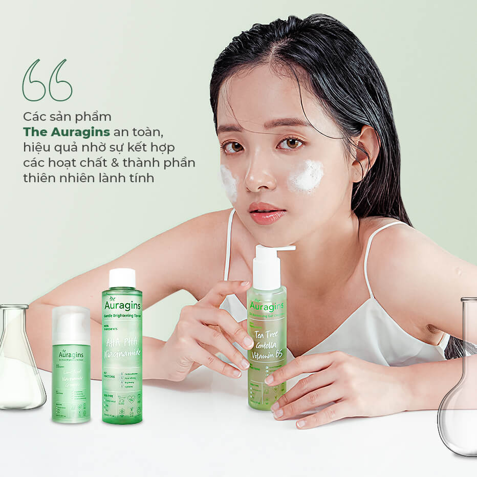 Sản phẩm The Auragins an toàn, hiệu quả dành cho chăm sóc da mụn, kết hợp độc đáo giữa các hoạt chất và thành phần tự nhiên như gel rửa mặt, toner và gel dưỡng ẩm The Auragins, được Lixibox giới thiệu.