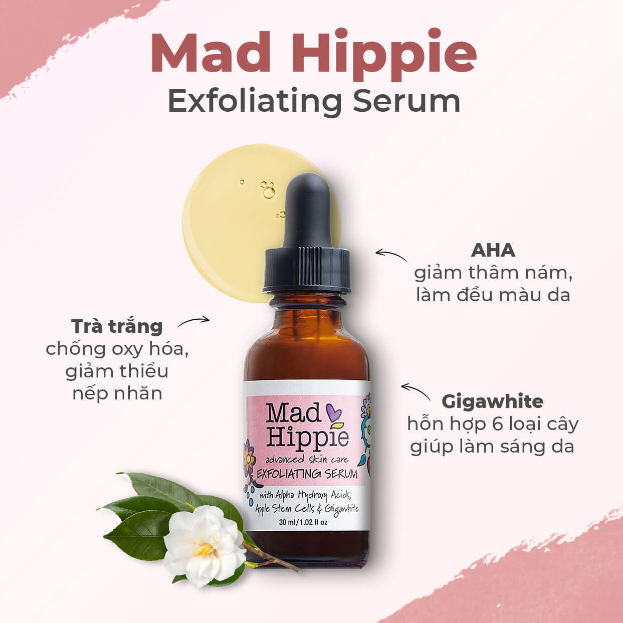 Mad Hippie Exfoliating Serum, chứa AHA, BHA và Gigawhite giúp làm sạch da, ngừa mụn, giảm thâm và làm sáng da. Top 5 sản phẩm chứa AHA-BHA-PHA nổi bật 2021.