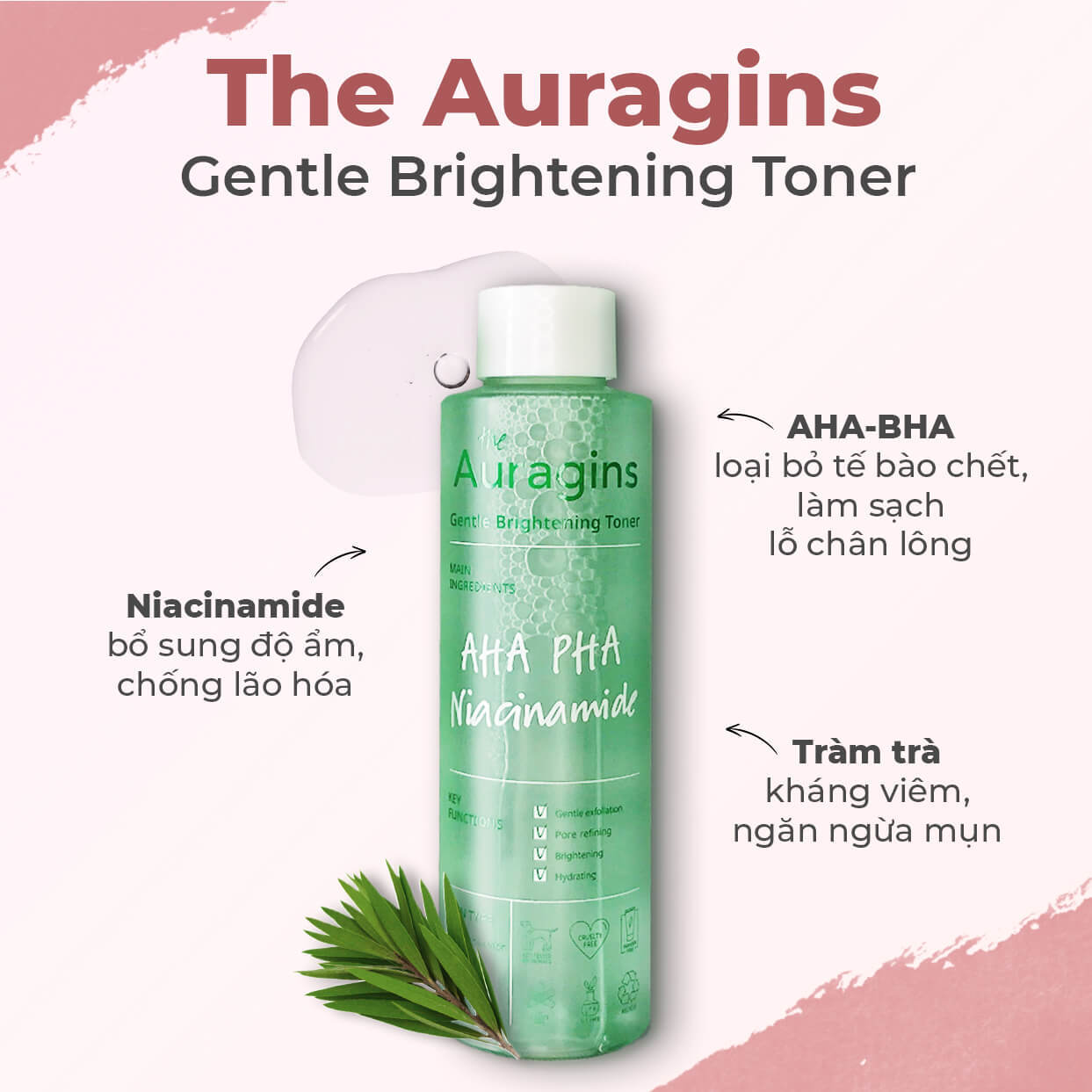 Toner làm sáng nhẹ nhàng Auragins chứa AHA, PHA, Niacinamide giúp loại bỏ tế bào chết, làm sạch lỗ chân lông, bổ sung độ ẩm và chống lão hóa, phù hợp cho làn da mụn trong bài viết về top sản phẩm trị mụn 2021.