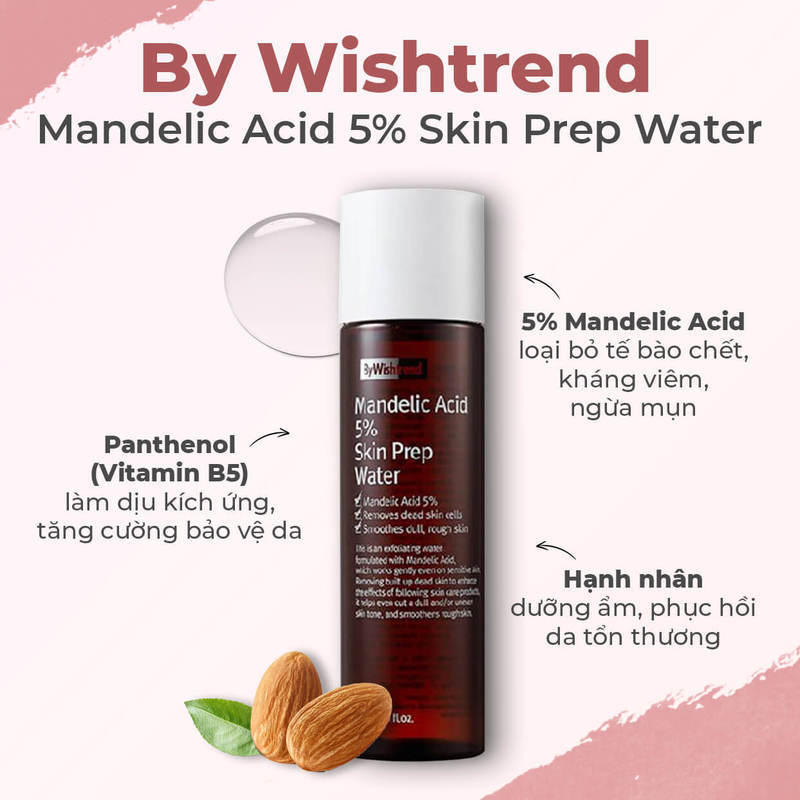 By Wishtrend sản phẩm nước chuẩn bị da chứa 5% acid mandelic, với các thành phần giúp loại bỏ tế bào chết, ngừa mụn, làm sáng da và cải thiện tình trạng da, rất đáng mua trong bộ sản phẩm AHA-BHA-PHA.
