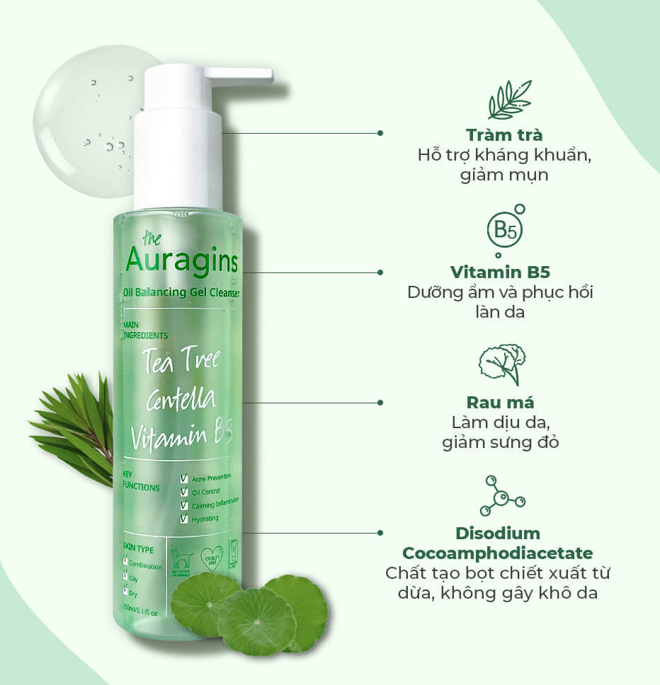 The Auragins là sản phẩm gel rửa mặt giúp chăm sóc da mụn với thành phần tràm trà, Vitamin B5 và rau má, hỗ trợ kháng khuẩn, cấp ẩm, làm dịu da, hiệu quả cho làn da dầu mụn. Khám phá thương hiệu chăm sóc da mụn tại Lixibox!