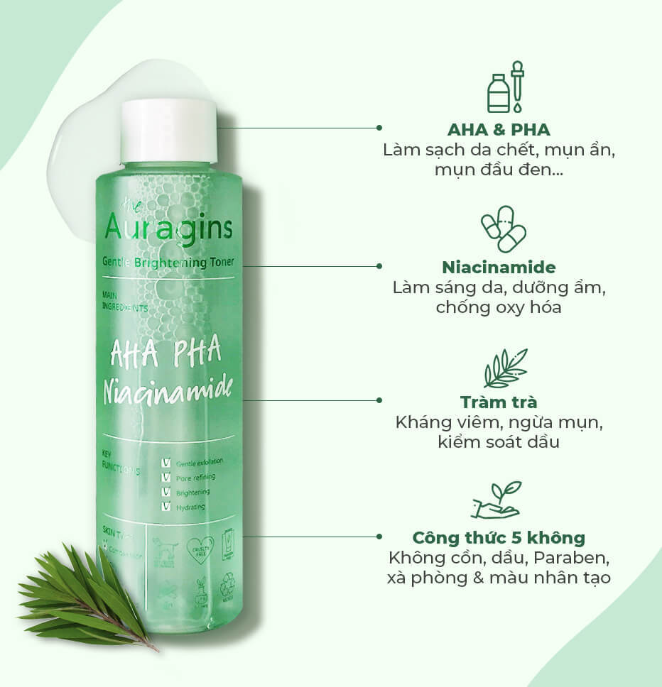 The Auragins mang đến giải pháp chăm sóc da mụn hiệu quả với toner AHA PHA Niacinamide, giúp làm sạch, làm sáng và phục hồi độ ẩm cho làn da. Thương hiệu nằm trong danh sách các sản phẩm chăm sóc da hiệu quả từ thiên nhiên, phù hợp với làn da nhạy cảm.