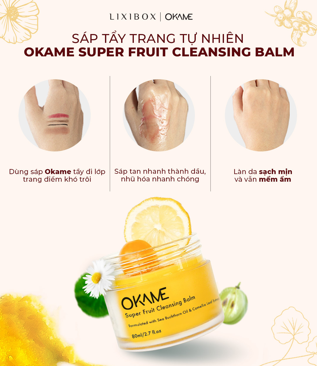 Bài viết hướng dẫn cách sử dụng sáp tẩy trang Okame Super Fruit Cleansing Balm để thay thế bông tẩy trang. Sản phẩm giúp loại bỏ lớp trang điểm hiệu quả, mang lại làn da sạch mịn và ẩm mượt, là bí quyết dưỡng da hữu ích khi không có bông tẩy trang.
