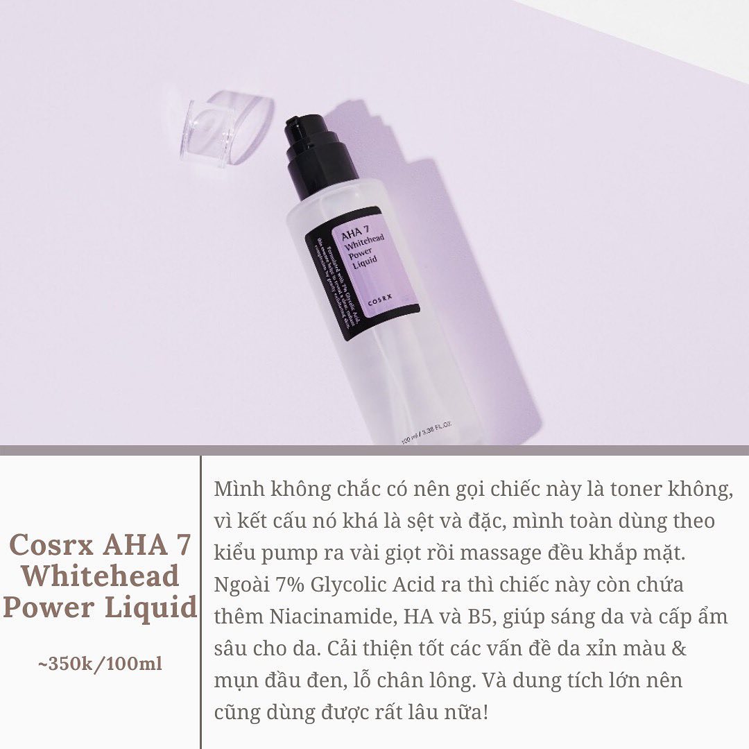 Bài viết chia sẻ về sản phẩm Cosrx AHA 7 Whitehead Power Liquid, toner chứa AHA giúp làm sạch tế bào chết và cải thiện tình trạng da. Mô tả chi tiết về thành phần và công dụng bao gồm Glycolic Acid, Niacinamide.