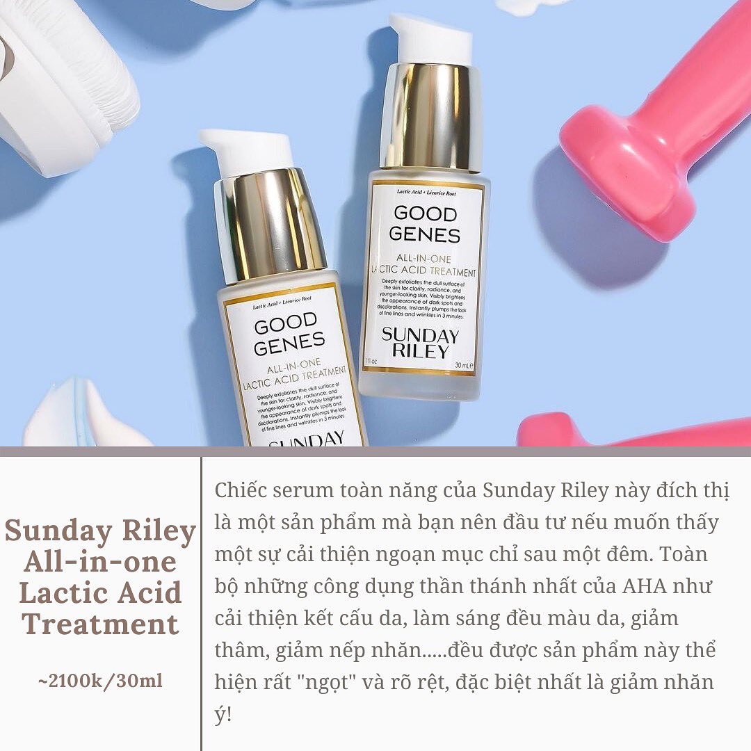 Bộ sản phẩm dưỡng da Sunday Riley All-in-one Lactic Acid Treatment với công thức AHA giúp cải thiện kết cấu da, làm sáng da và giảm mụn, phù hợp cho những ai muốn sở hữu làn da mịn màng, khỏe mạnh. Tìm hiểu thêm về toner cho da dầu mụn và top 5 sản phẩm chứa AHA hiệu quả ngay!