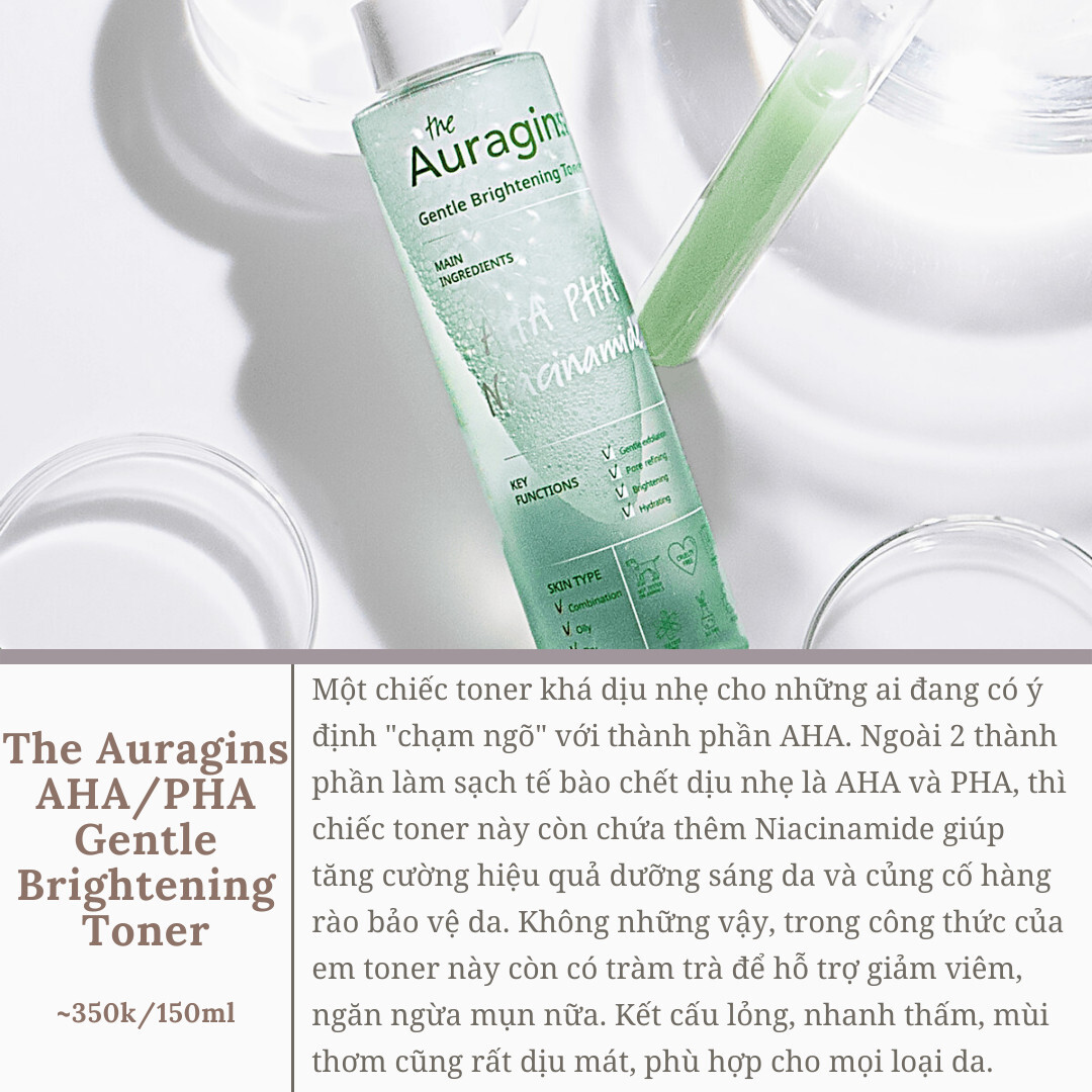 The Auragins AHA/PHA Gentle Brightening Toner giúp làm sạch tế bào chết, giảm mụn và cải thiện làn da. Sản phẩm chứa AHA, PHA và Niacinamide, phù hợp cho da dầu mụn, mang lại làn da mịn màng hơn.