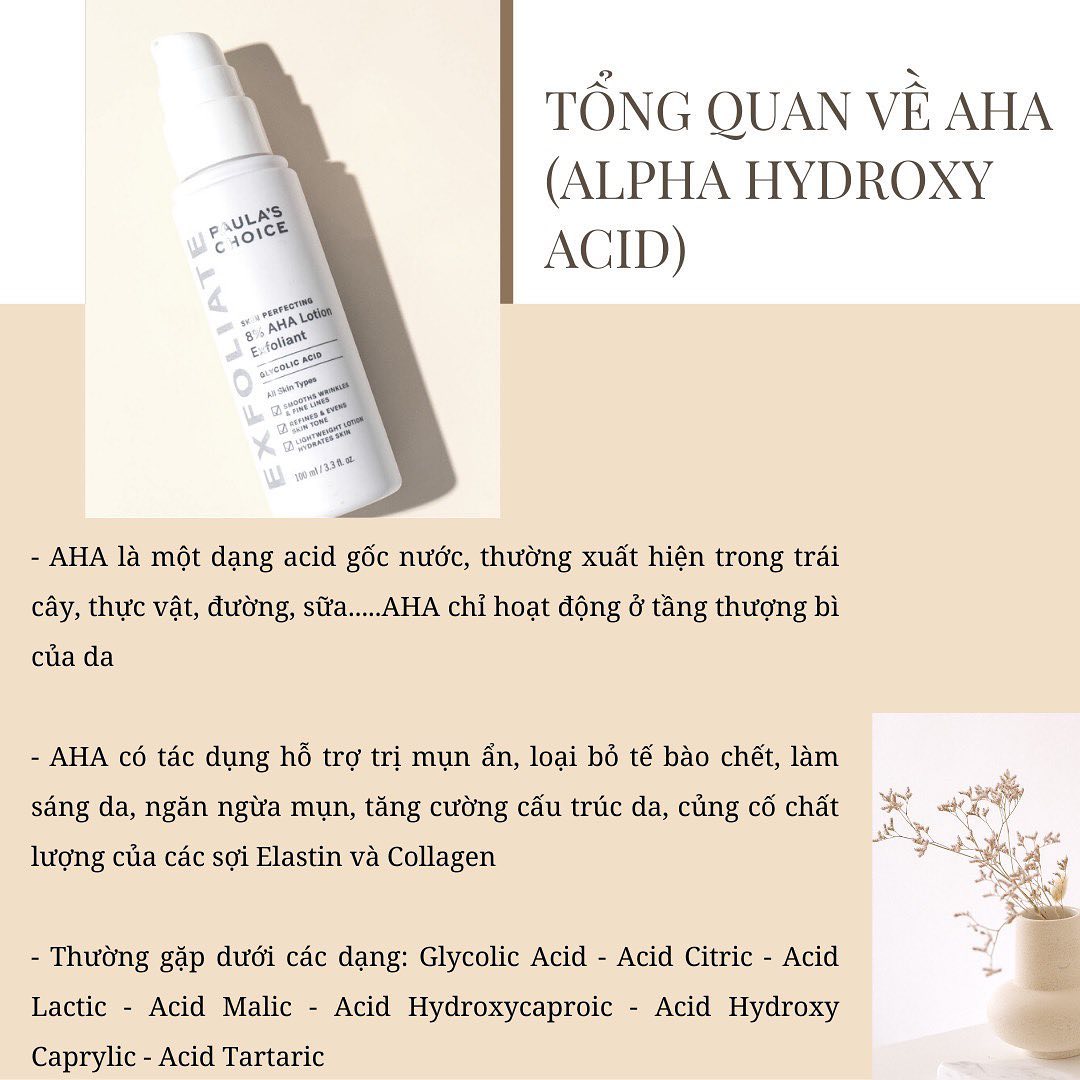 Tổng quan về AHA, thành phần làm sạch tế bào chết, giảm mụn và tái tạo da. AHA có tác dụng hỗ trợ trị mụn ẩn, ngăn ngừa mụn và cải thiện kết cấu da. Hướng dẫn lựa chọn sản phẩm chứa AHA như toner cho da dầu mụn và serum.