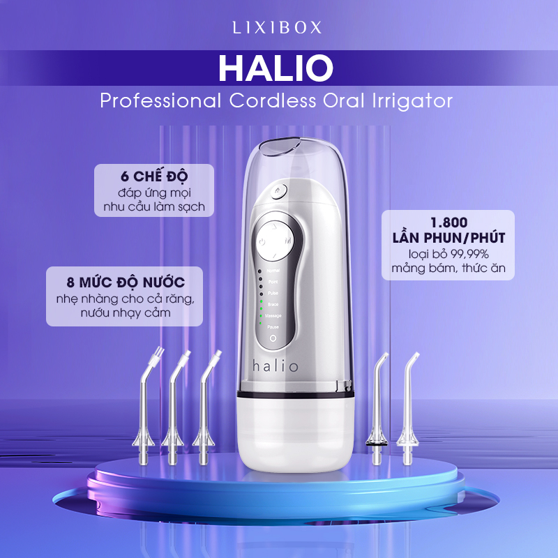 Máy tăm nước HALIO với 6 chế độ làm sạch, 1.800 lần phun/phút, thiết kế không dây chuyên nghiệp, hỗ trợ chăm sóc răng niềng hiệu quả, giúp loại bỏ 99,99% mảng bám và làm sạch răng miệng dễ dàng.