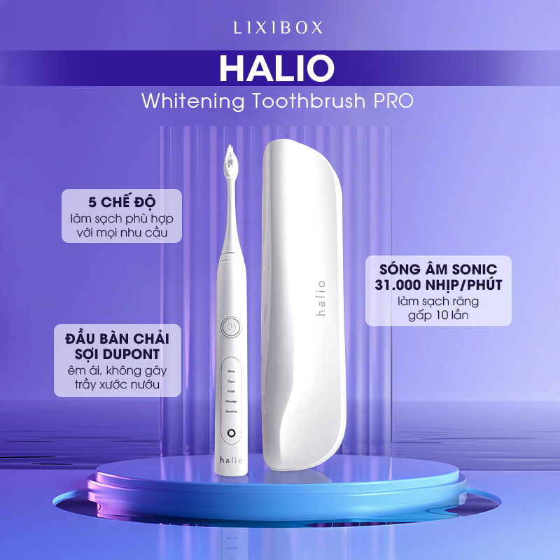 Bàn chải điện Halio Whitening Toothbrush PRO với 5 chế độ làm sạch và đầu bàn chải sợi Dupont. Công nghệ sóng âm Sonic 31.000 nhịp/phút giúp làm sạch răng hiệu quả gấp 10 lần, thích hợp cho việc chăm sóc răng niềng và giảm mảng bám.