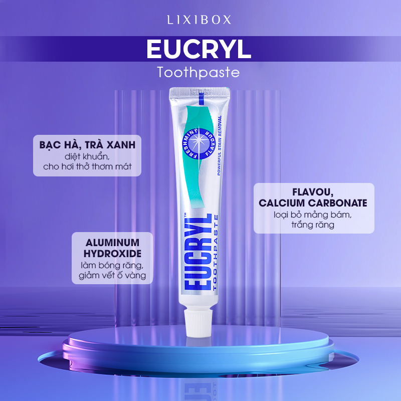 Kem đánh răng EUCRYL giúp làm sạch răng niềng hiệu quả với các thành phần như bạch hải, trà xanh, aluminum hydroxide và calcium carbonate, hỗ trợ loại bỏ mảng bám và trắng răng, góp phần chăm sóc răng miệng từ thương hiệu Halio.