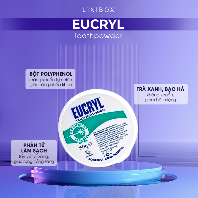 Bột đánh răng EUCRYL với các thành phần như bột polyphenol giúp răng chắc khỏe, trà xanh và bạc hà hỗ trợ kháng khuẩn, làm sạch miệng hiệu quả. Sản phẩm cần thiết cho những ai đang niềng răng, giúp chăm sóc răng miệng tốt hơn.