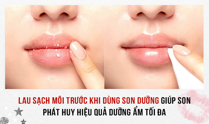 Mẹo dưỡng môi trước khi sử dụng son dưỡng để đảm bảo hiệu quả dưỡng ẩm tối đa. Hai bức ảnh cho thấy bước làm sạch môi với tiêu đề "Lau sạch môi trước khi dùng son dưỡng giúp son phát huy hiệu quả dưỡng ẩm tối đa". Cùng tìm hiểu bí quyết dưỡng môi để sở hữu đôi môi căng mọng như quả cherry!