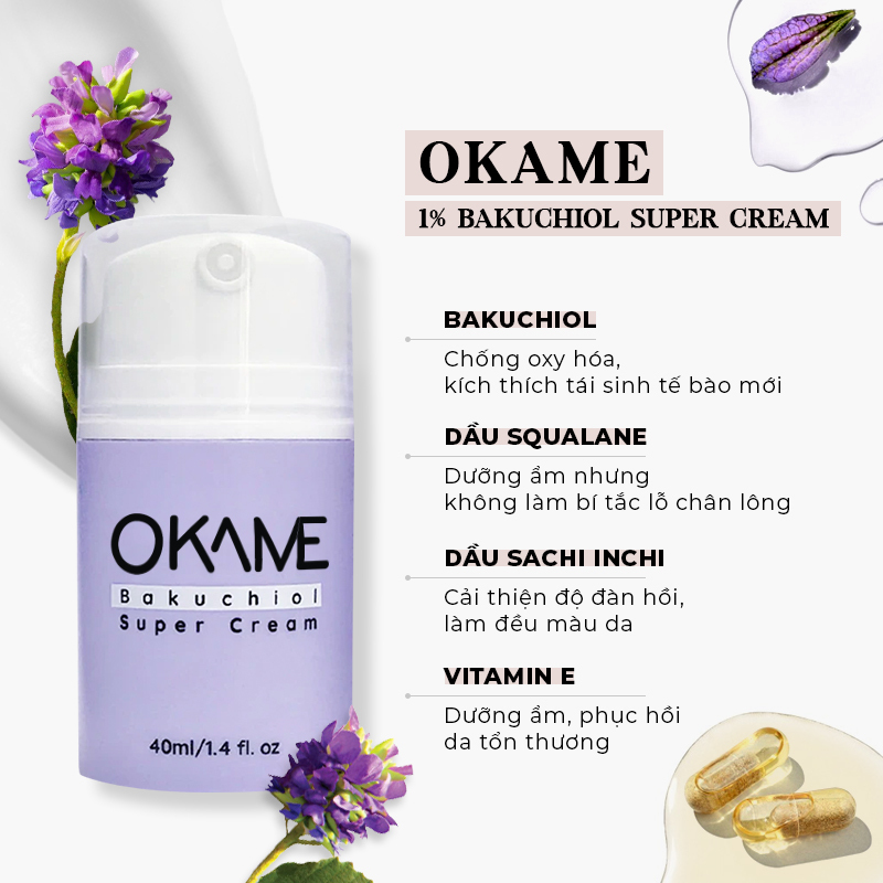 Kem chống lão hóa OKAME 1% Bakuchiol Super Cream với các thành phần như Bakuchiol, Dầu Squalane, Dầu Sachi Inchi và Vitamin E giúp chống oxy hóa, dưỡng ẩm và cải thiện hiệu quả dấu hiệu da lão hóa từ bên trong.