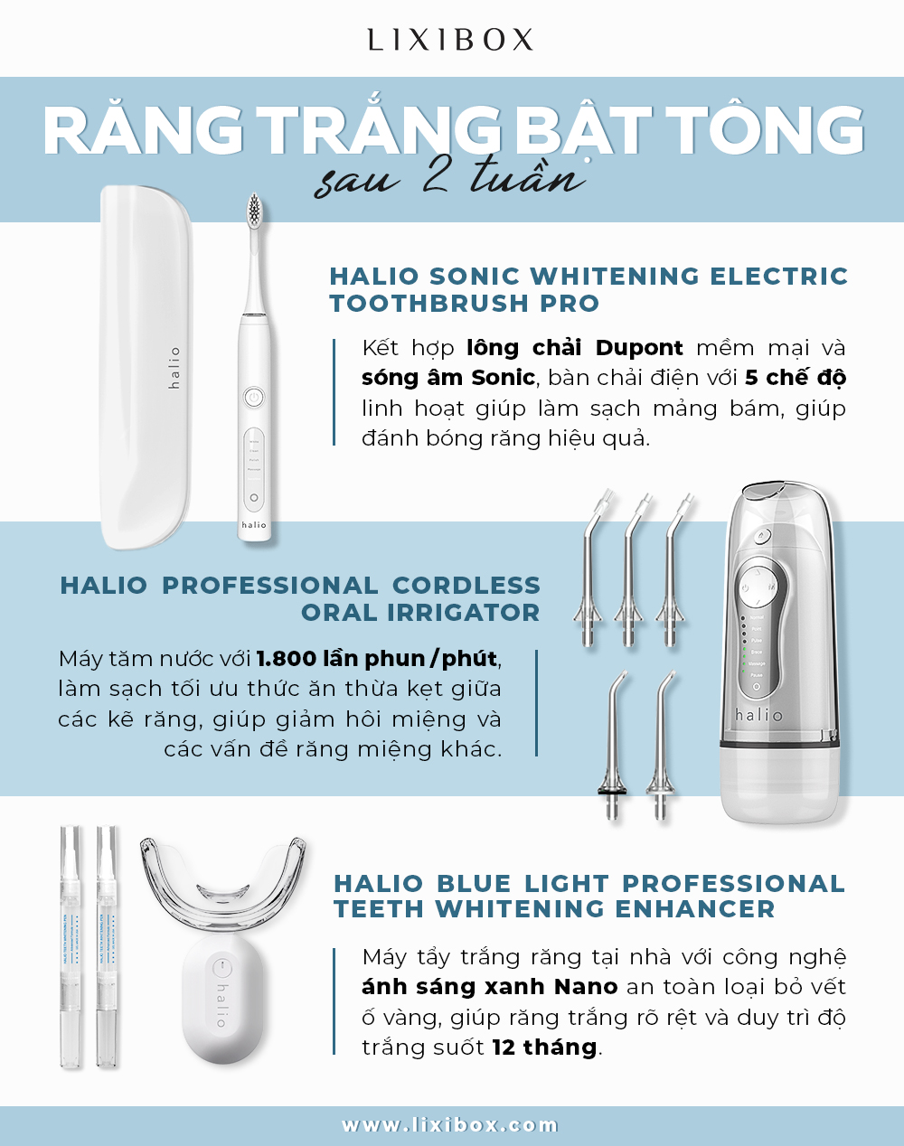 Bài viết "Tạm biệt răng ố vàng & hôi miệng với bộ 3 sản phẩm chăm sóc răng công nghệ cao từ Halio" giới thiệu về bàn chải điện Halio, máy tăm nước và sản phẩm làm trắng răng giúp cải thiện sức khỏe miệng và nụ cười tự tin.