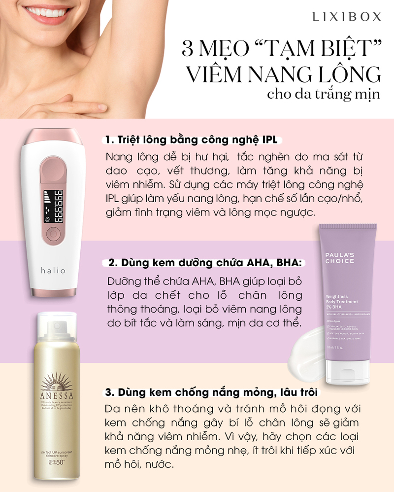 Bài viết "Mách bạn 3 mẹo cực đơn giản để đánh bay viêm nang lông, tìm lại làn da láng mịn" nêu rõ viêm nang lông và cách giảm thiểu tình trạng này bằng các bí quyết dưỡng da như triệt lông bằng công nghệ IPL, dùng kem chứa AHA, BHA từ Paula's Choice và kem chống nắng Anessa.