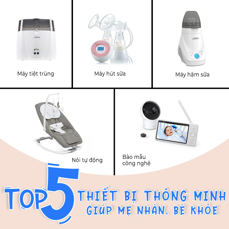 5 thiết bị thông minh giúp mẹ bỉm hiện đại chăm sóc trẻ nhỏ dễ dàng hơn. Bao gồm máy tiệt trùng, máy hút sữa, máy hâm sữa, nôi tự động và bảo mẫu công nghệ, hỗ trợ chăm sóc mẹ và bé hiệu quả.