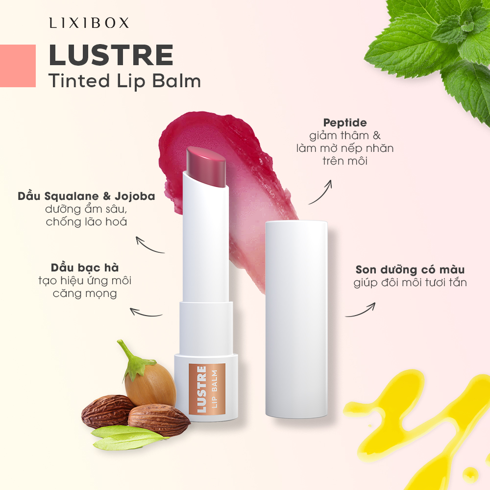 Son dưỡng có màu LUSTRE với thành phần từ thiên nhiên, chứa dầu Squalane, Jojoba và peptide giúp môi căng bóng, ngăn lão hóa, thích hợp để cứu lấy đôi môi bong tróc, giữ cho môi luôn hồng hào.