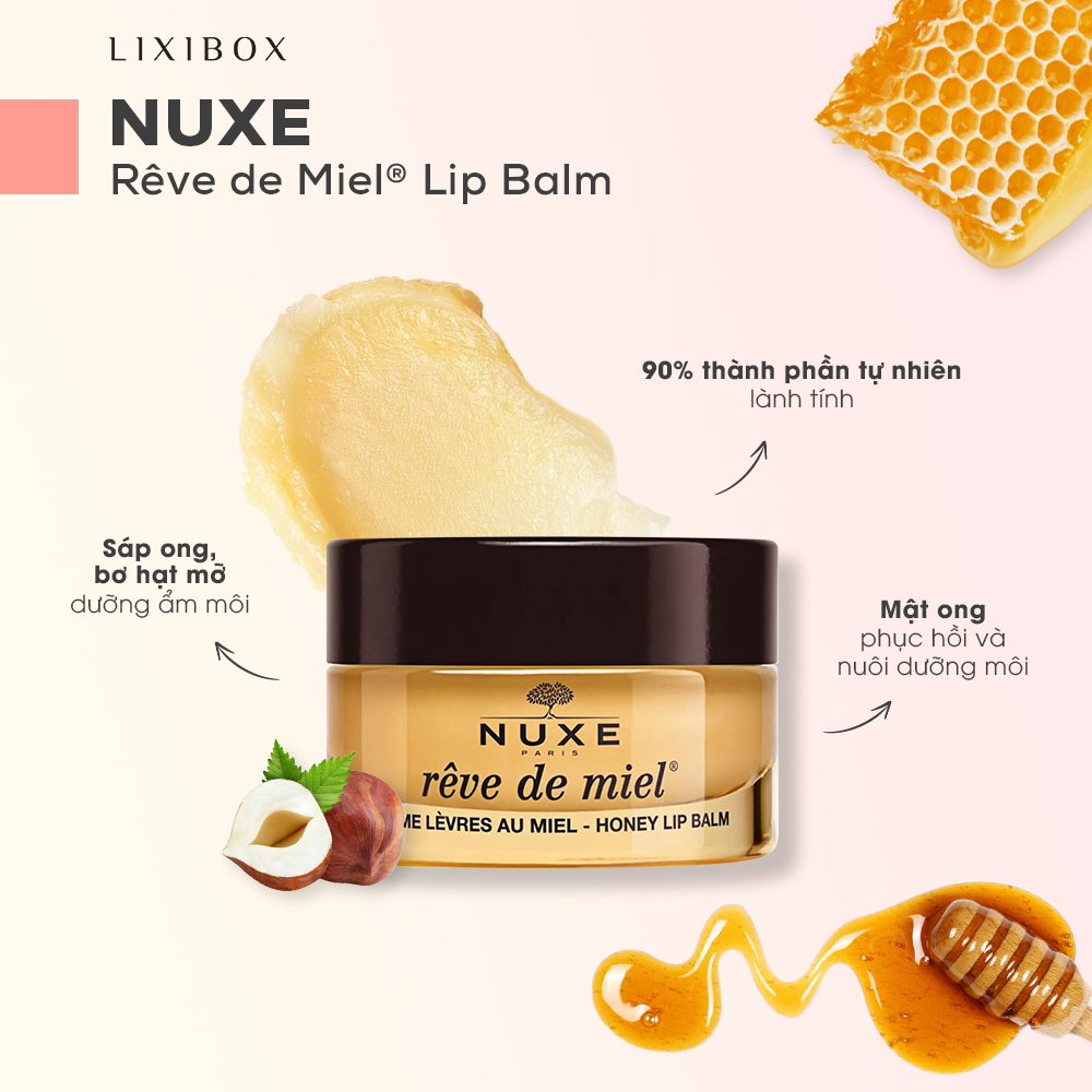 Son dưỡng NUXE Rêve de Miel với 90% thành phần tự nhiên, giúp dưỡng ẩm và phục hồi môi. Sản phẩm chứa sáp ong và bơ hạt mỡ, đem đến đôi môi căng mọng và hồng hào. Tìm hiểu về 5 em son dưỡng tốt nhất để không mắc phải tình trạng môi bong tróc.