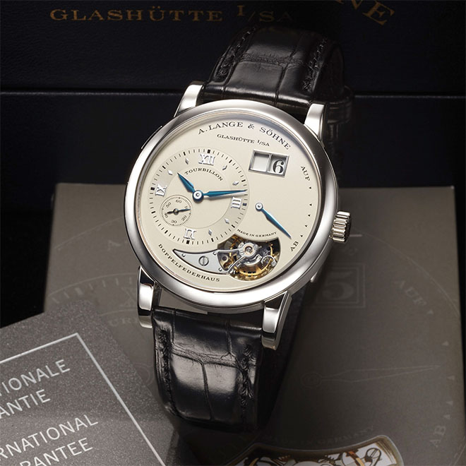Made in 2011, this is an extremely rare A. Lange & Sohne Lange 1 Ref. 704025 Tourbillon in Platinum with Special Ordered Blue Steel Hands is a unique piece ordained by Walter Lange himself for a special customer. It is the only known example in platinum fitted with blue steel hands; and it can be yours thanks to this Antiquorum auction in June. Estimated auction price: $100,000 - $150,000