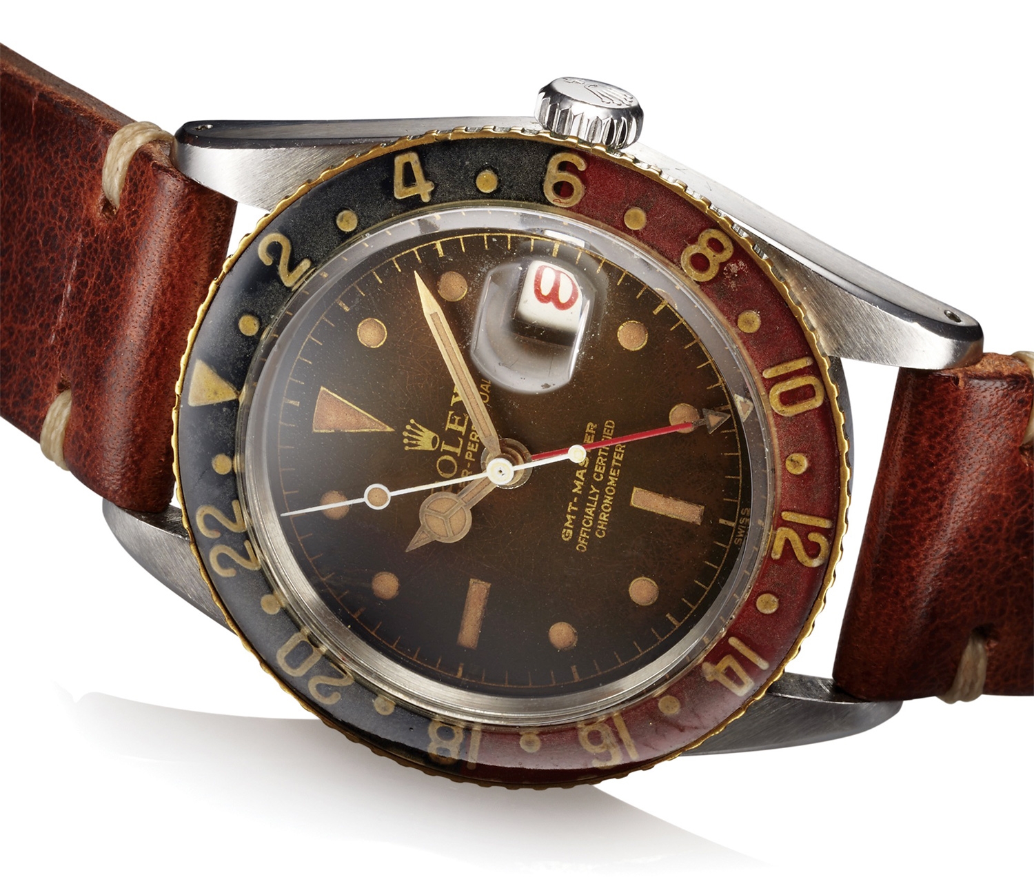 This Antiquorum lot Rolex Ref. 6542 GMT with Gilt Tropical Dial in Steel up for auction in June still retains its original Bakelite bezel and the dial has turned a beautiful brown color. Estimated auction price: $15,000 - $35,000