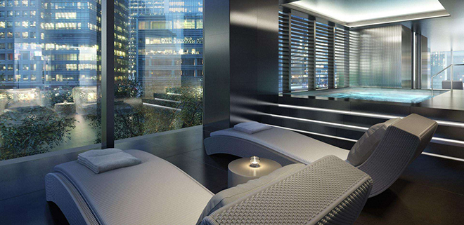 Aqua Platinum indoor pool and wet lounging area, part of a complete luxury home spa treatment.