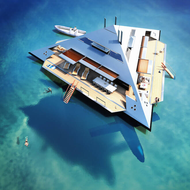 The Schwinge HYSWAS Tetrahedron Super Yacht. Project instigation and Designer: Jonathan Schwinge / SCHWINGE; TETRA Lightweight Technologies & Project Management: Marcel Müller, INMAINCO Visionary Marine Management; TETRA HYSWAS Propulsion: The Maritime Applied Physics Corporation, USA; CGI Images: EYELEVEL CREATIVE