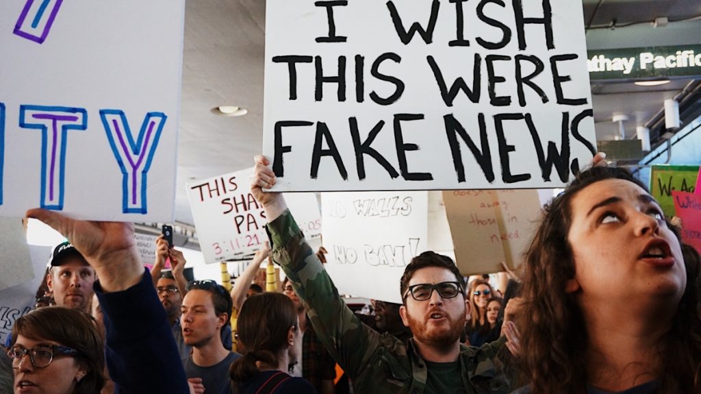 A demonstration referring to "fake news - Climate adaptation narratives