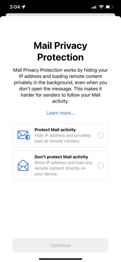 Apple Mail changes - Apple Mail Privacy prompt from the iOS15 Beta.