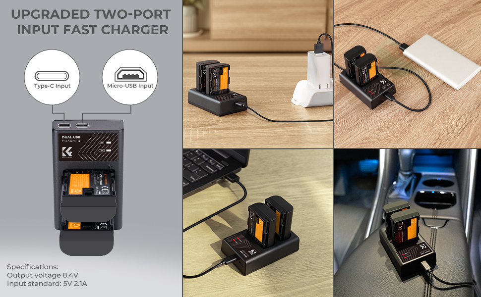 K&F CONCEPT LP-E6/LP-E6N/LP-E6NH Dual Slot Quick Charger with Micro USB and Type-C Cable - KF28.0007