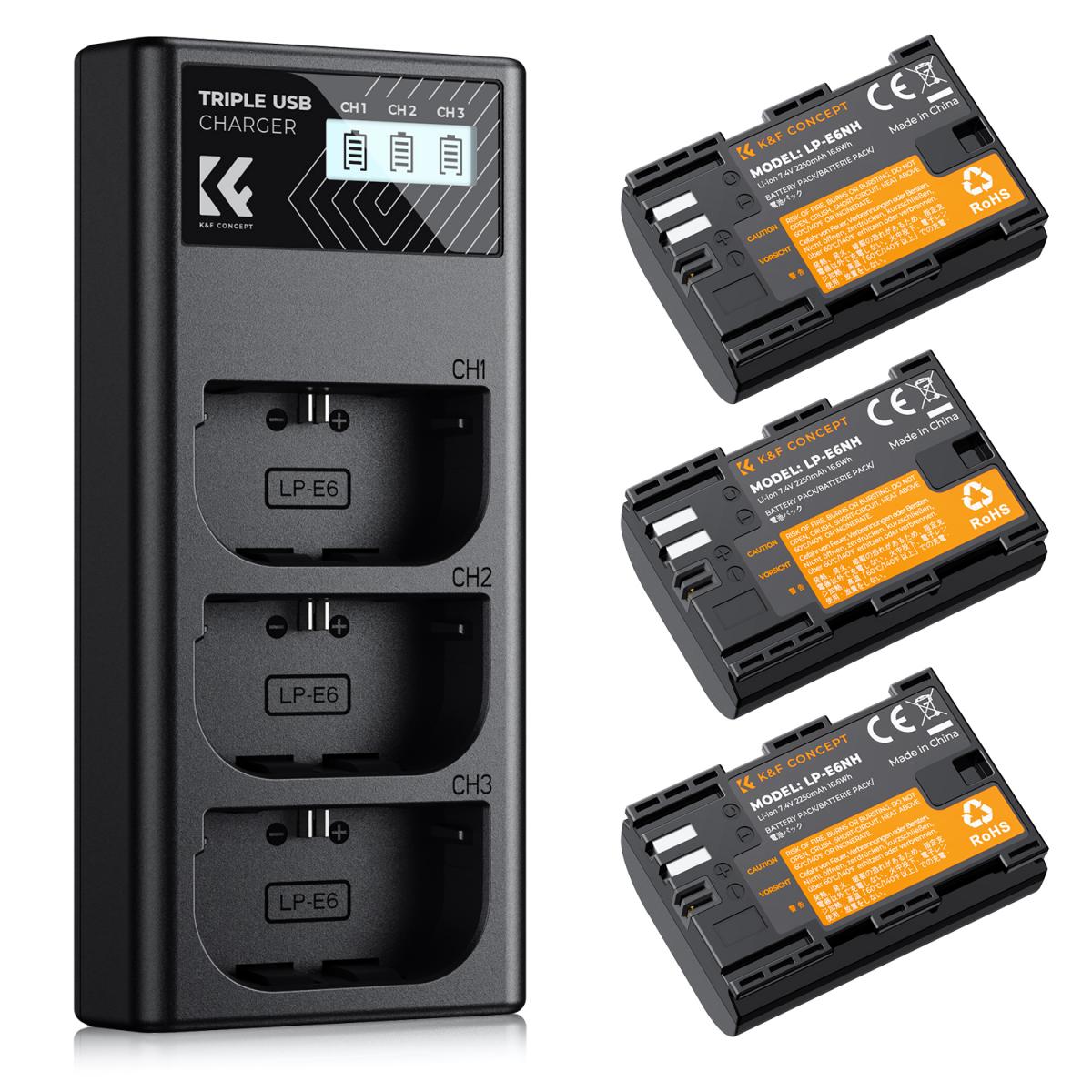 LP-E6/LP-E6NH Battery and 3-Slot Charger, 3-Pack Replacement Battery for Canon
