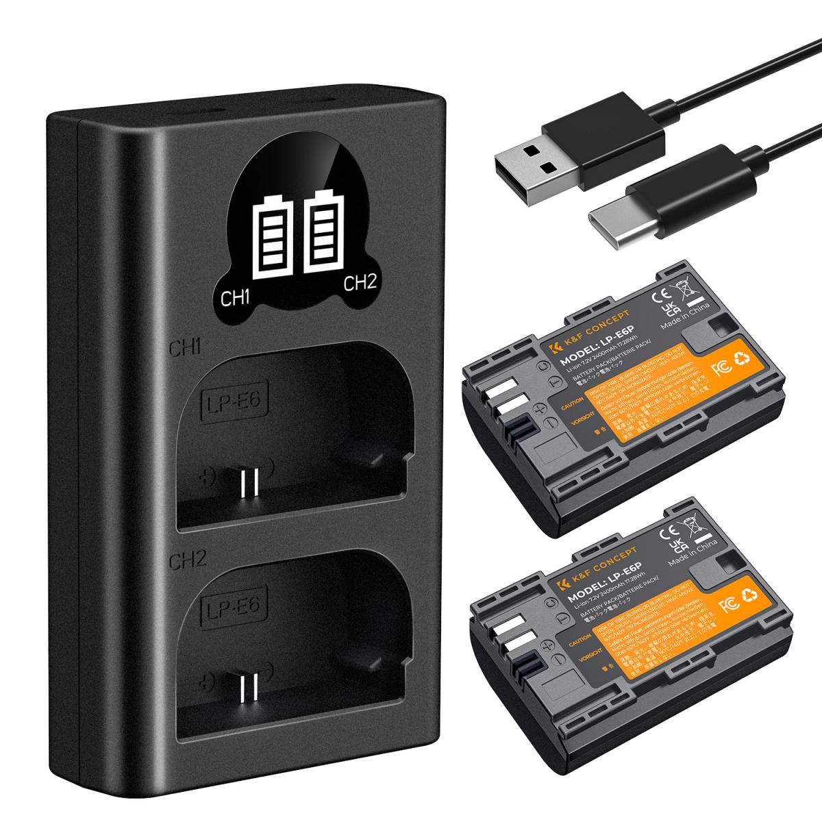 K&F Concept 2400mAh LP-E6P 2-Pack Battery and Dual Slot USB Charger KF28.0093