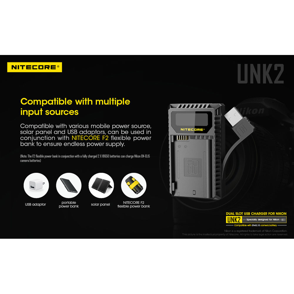 Nitecore UNK2 Dual-Slot USB Charger for Nikon EN-EL15 Batteries