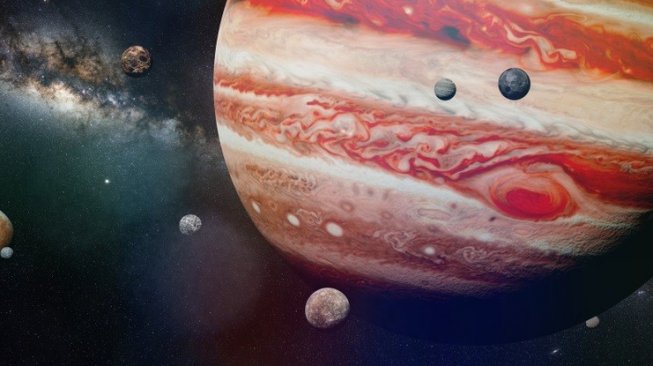 Ilustrasi planet Jupiter dengan bulan-bulannya. [Shutterstock]