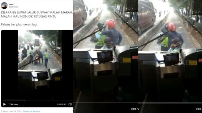 Viral pengendara motor plat merah marah-marah masuk jalur busway (twitter @xeroxca)