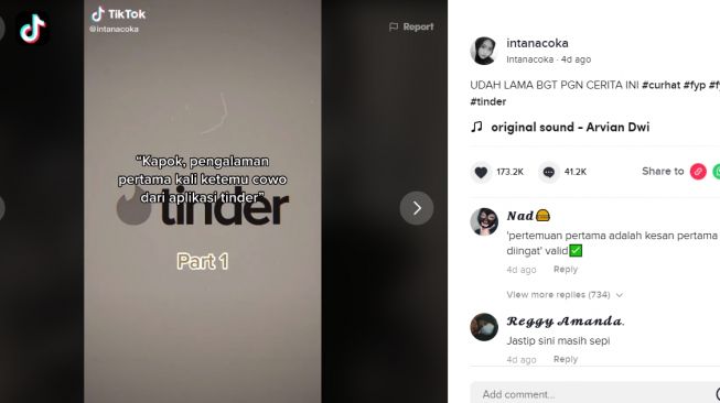 Kenalan lewat Tinder, cewek mengaku kapok (TikTok/@intanacoka)