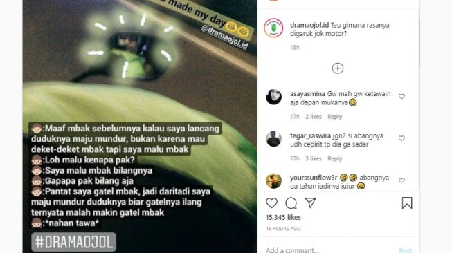 Pengakuan ojol soal duduknya maju mundur. (Instagram/@dramaojol.id)