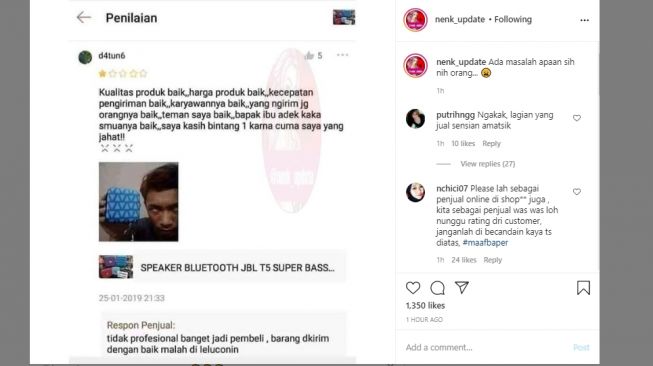 Ulasan pembeli beri bintang 1 membuat penjual marah. (Instagram/@nenk_update)