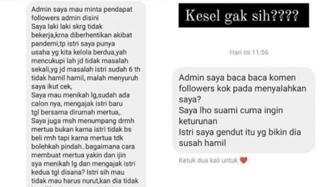 Viral Suami Salahkan Istri Tak Hamil dan Galau Ingin Poligami. (Instagram/@komentatorpedas)