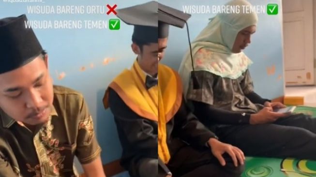 Viral mahasiswa wisuda online tak sama orangtua. Namun dia tak kehabisan akal dengan meminta teman-temannya menggantikan posisi orangtua.