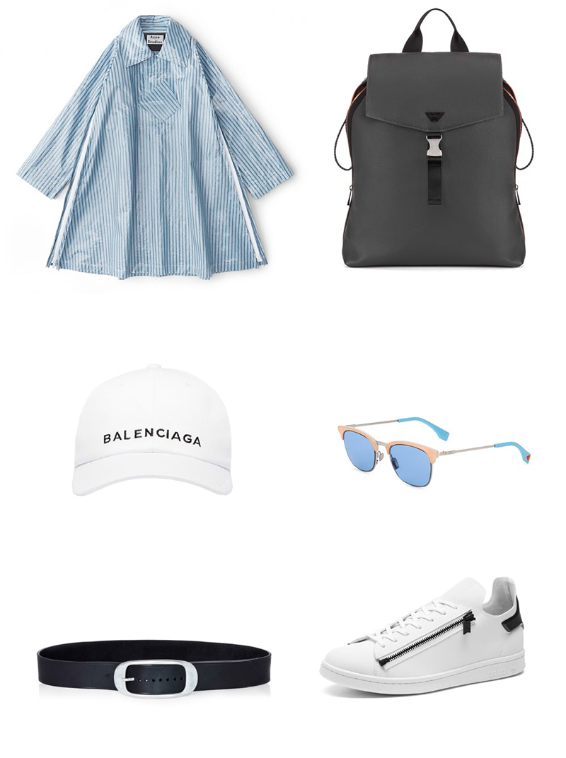 Clockwise from top left: Acne Studios Waterproof Jacket, Emporio Armani's backpack, Balenciaga cap, Fendi bubble gum sunglasses, Lanvin belt, Y-3 sneakers