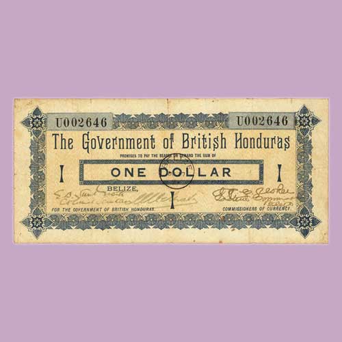 BRITISH HONDURAS. Government of British Honduras. 1 Dollar, 1894 Issue. P-1.  PMG Very Fine 20 Net. Ink Stamp. Splits, Minor Rust.