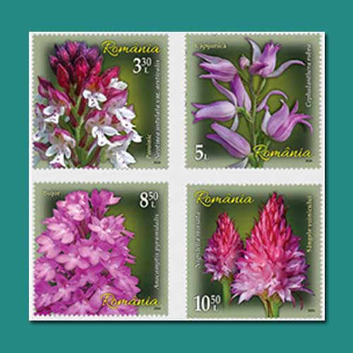 Four-stamps-orchids-presented-by-Romanian