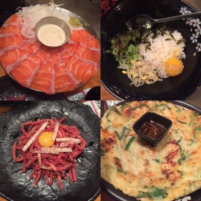 三文魚商會 仼食三文魚 ₩16900 around HKD130依個set 有三文魚 生牛肉 海鮮煎餅 拌飯 .三文魚係無限refill!好肥美！位於新村 不過聽聞好多地方都有