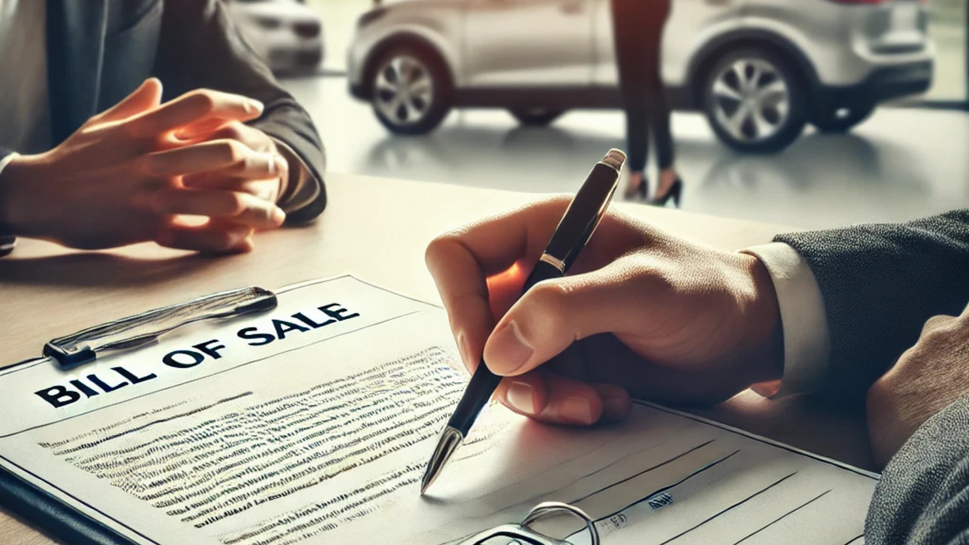 Two individuals sit at a desk, signing car sale documents. A pen is being handed over to finalize the paperwork, which includes a vehicle title and bill of sale. A car key rests on the table, and a car is visible outside a window in the background. The setting appears to be an office or dealership, with neatly arranged papers and an official atmosphere.