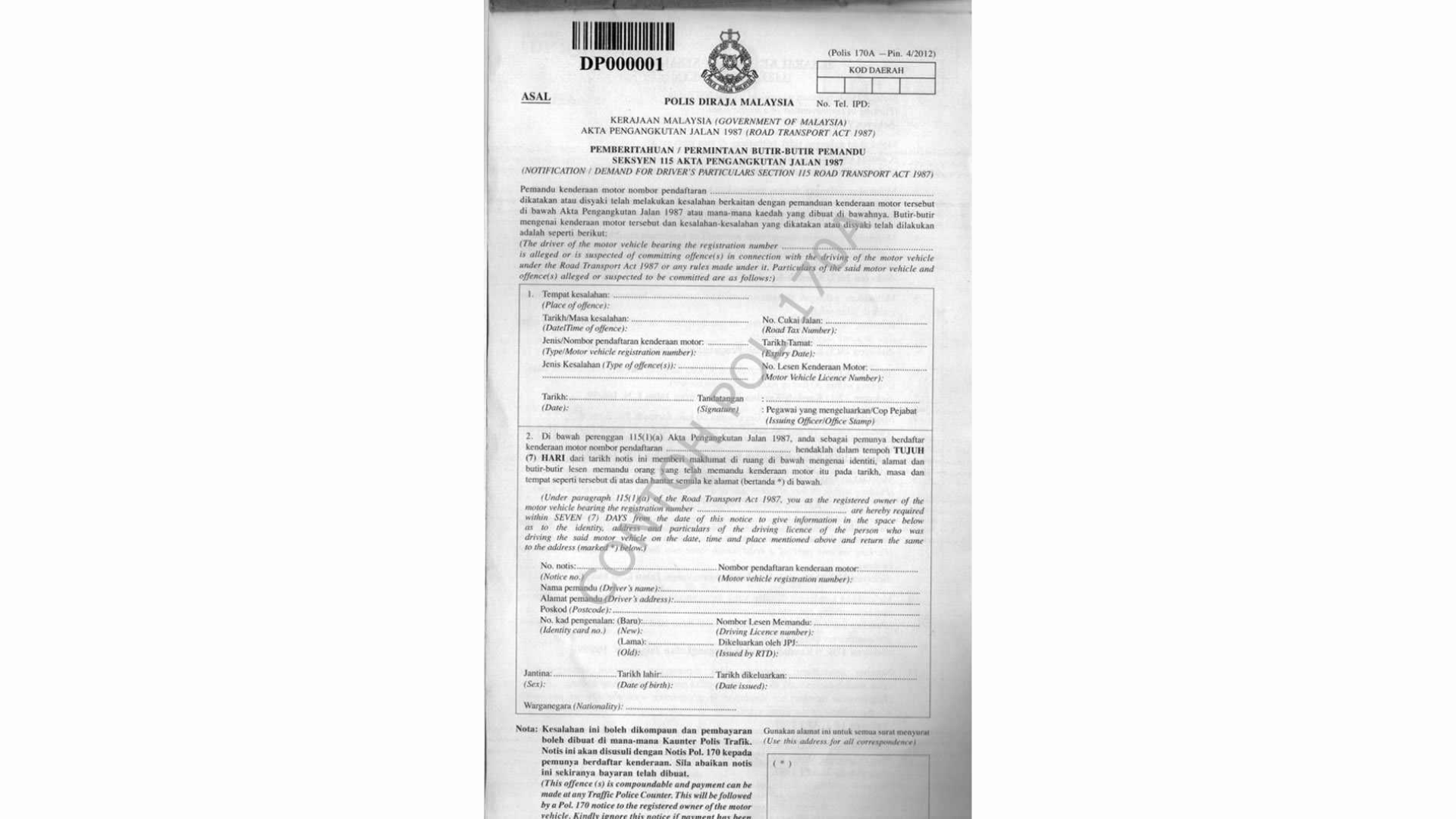 A PDRM traffic fine notice (POL. 170A) outlining parking and driving offenses, with penalty details