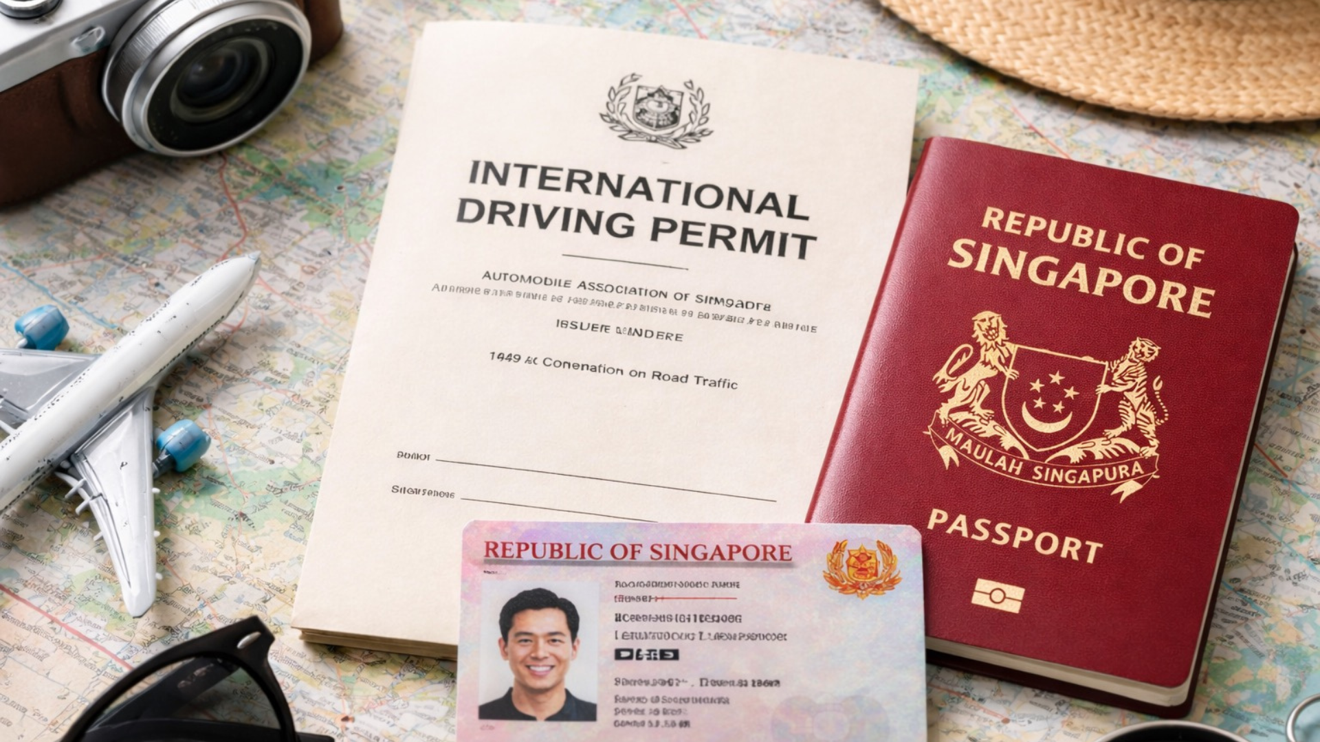 Travel essentials arranged on a world map, including an International Driving Permit, a red Singapore passport with gold crest, a Singapore ID card with a smiling man’s photo, a toy airplane, vintage camera, sunglasses, compass, and a straw hat.